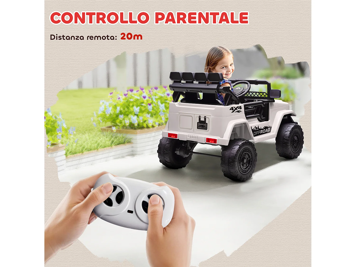 Fuoristrada per bambini con fanali, clacson e cintura bianco