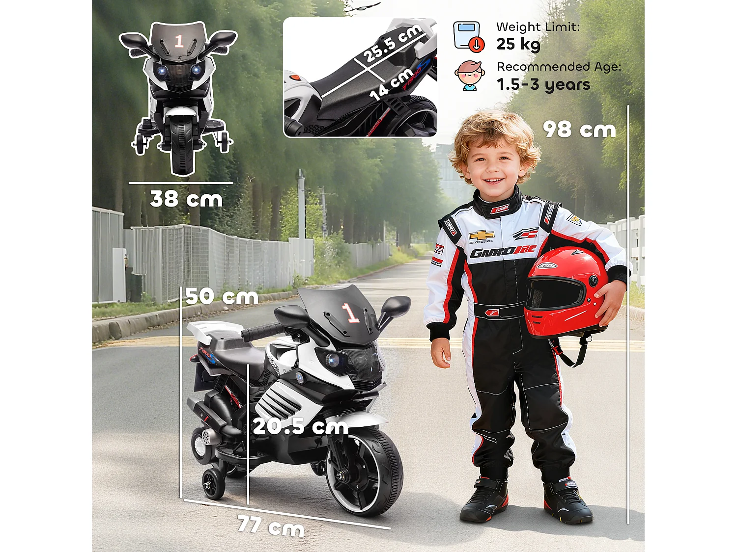 Moto elettrica per bambini 6v con rotelle luci e musica bianco