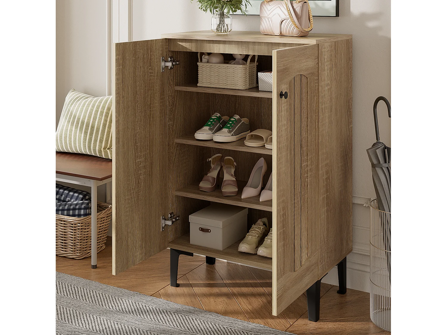 Moderner Schuhschrank – 60 x 31,5 x 95 cm – mit 2 Türen und mehrstufigen Regalböden – Spanplatte – natur