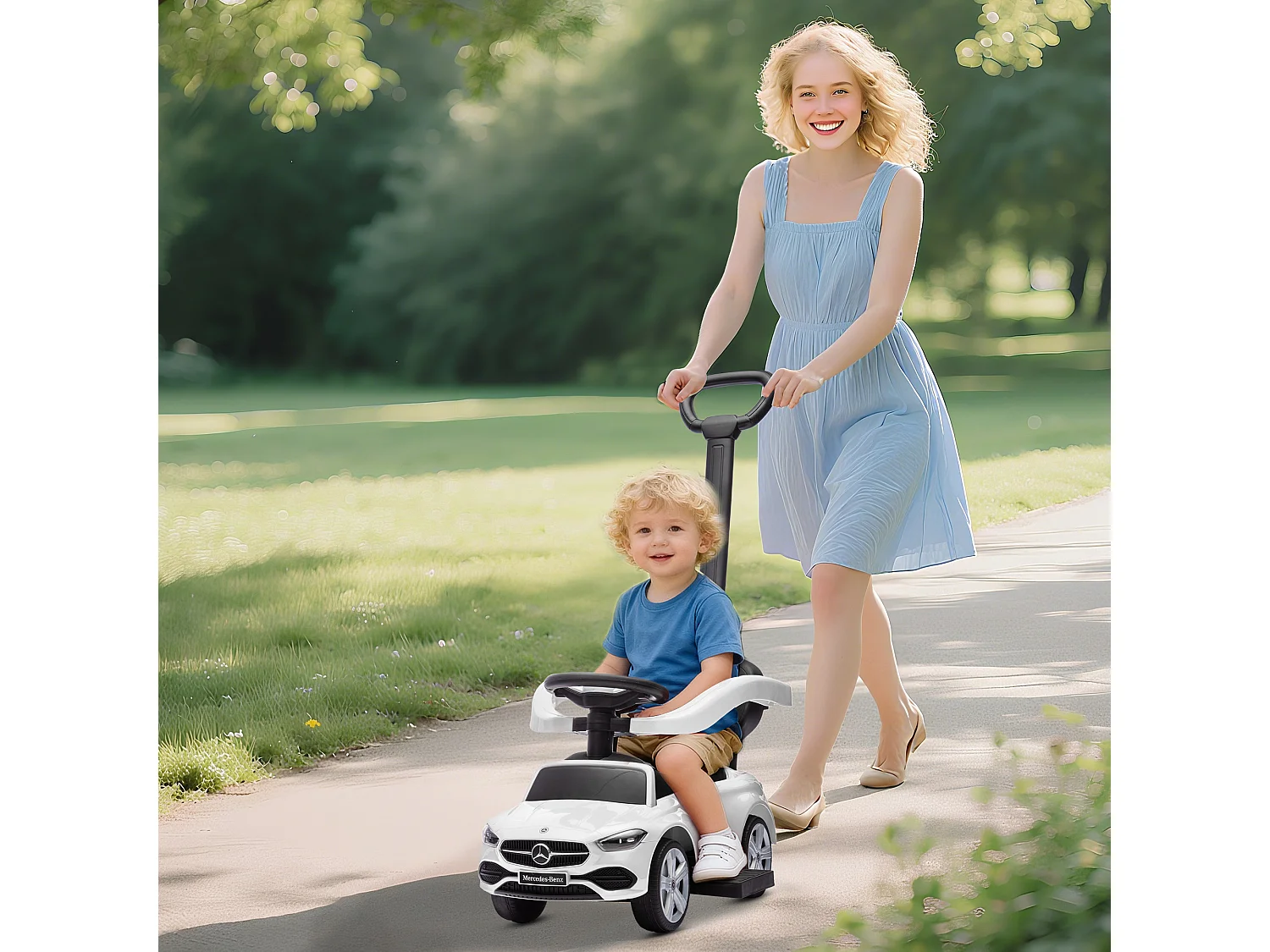 Macchina cavalcabile per bambini convertibile in passeggino bianco