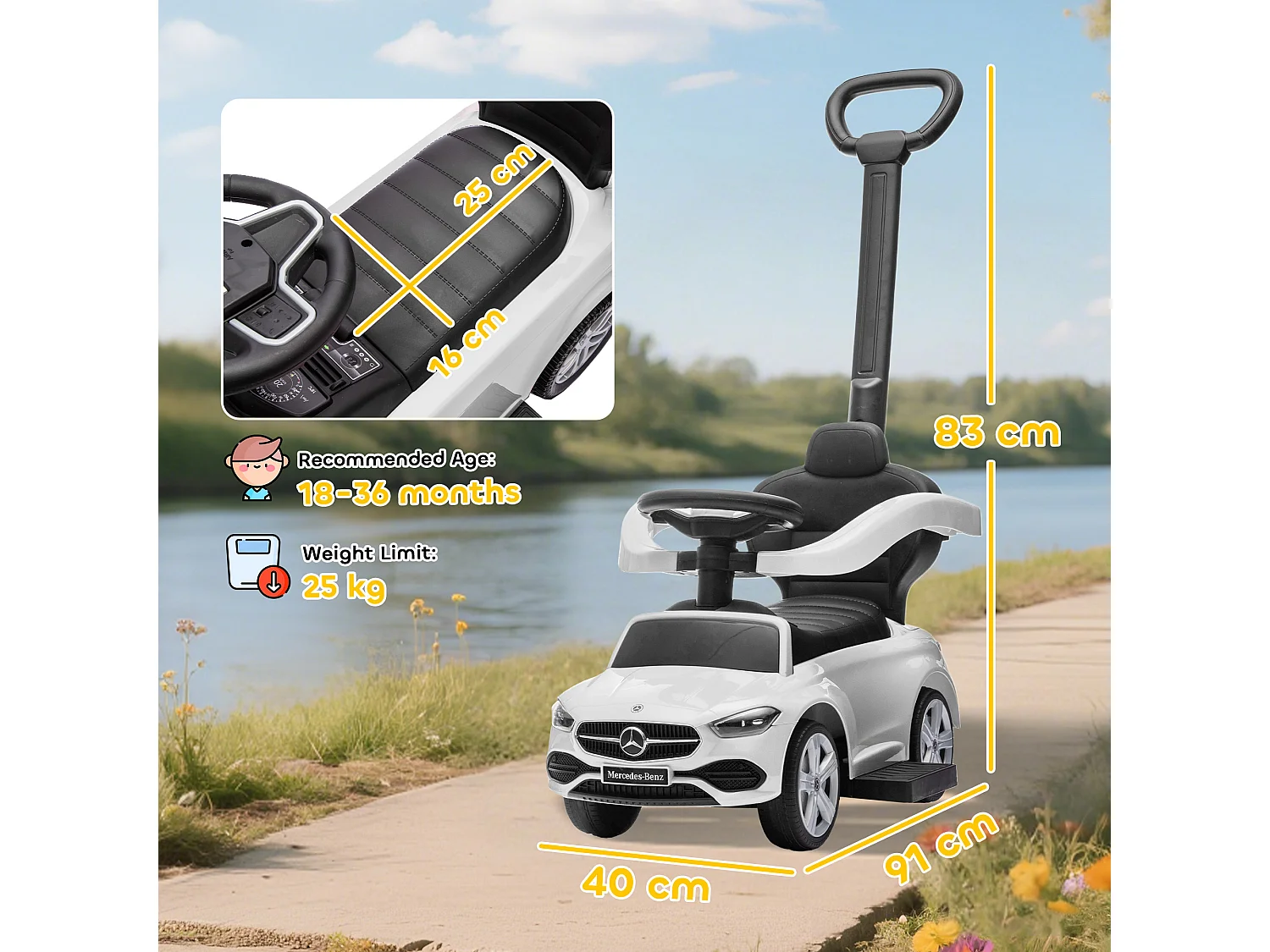 Macchina cavalcabile per bambini convertibile in passeggino bianco