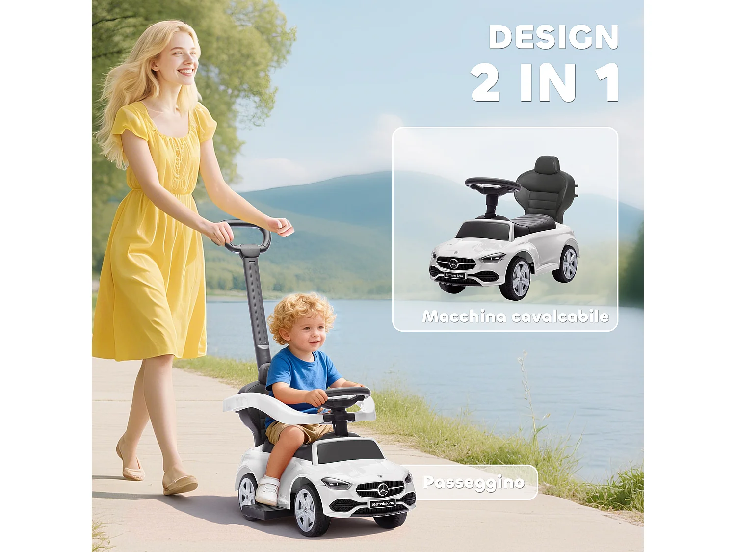 Macchina cavalcabile per bambini convertibile in passeggino bianco
