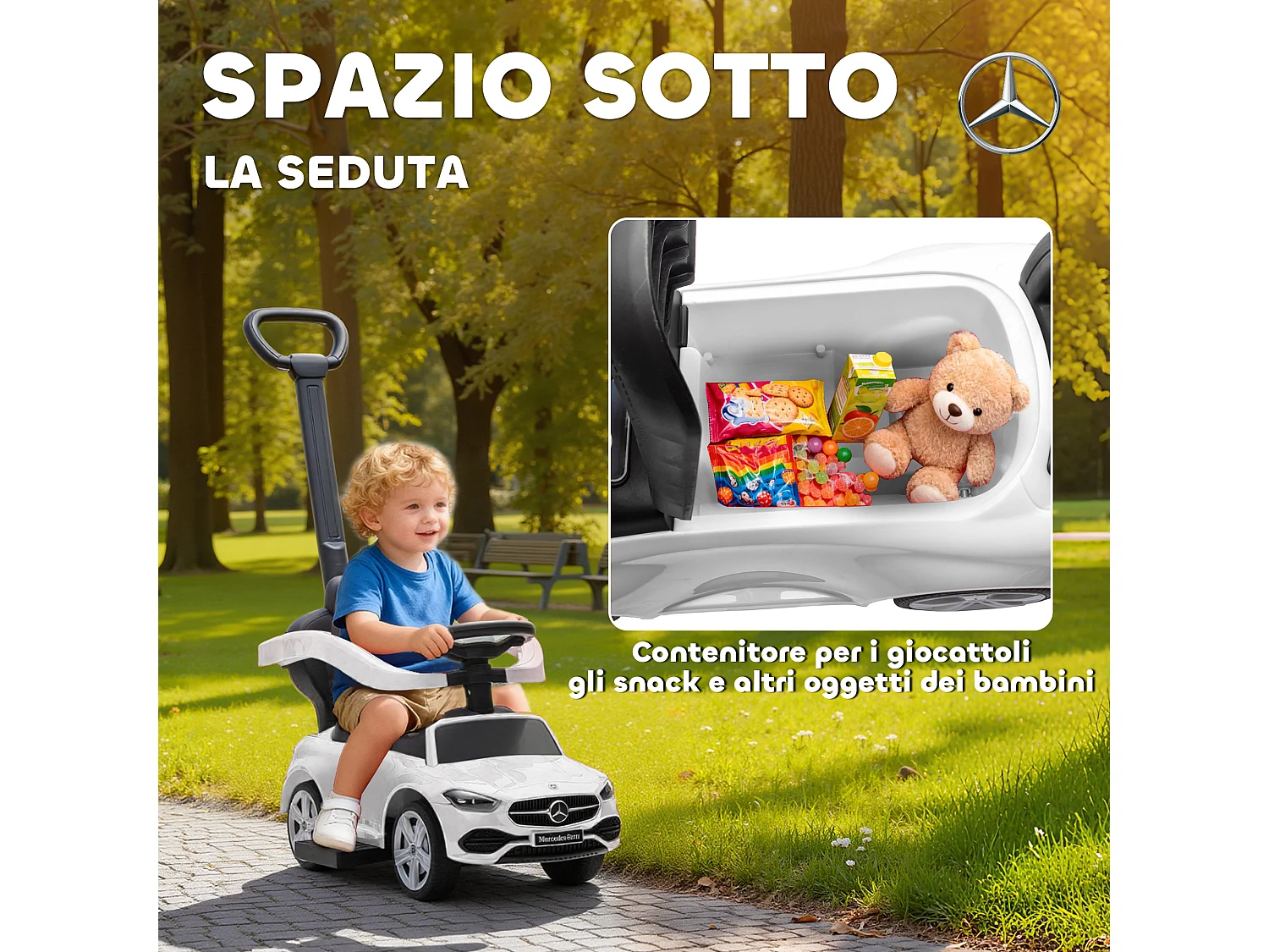 Macchina cavalcabile per bambini convertibile in passeggino bianco