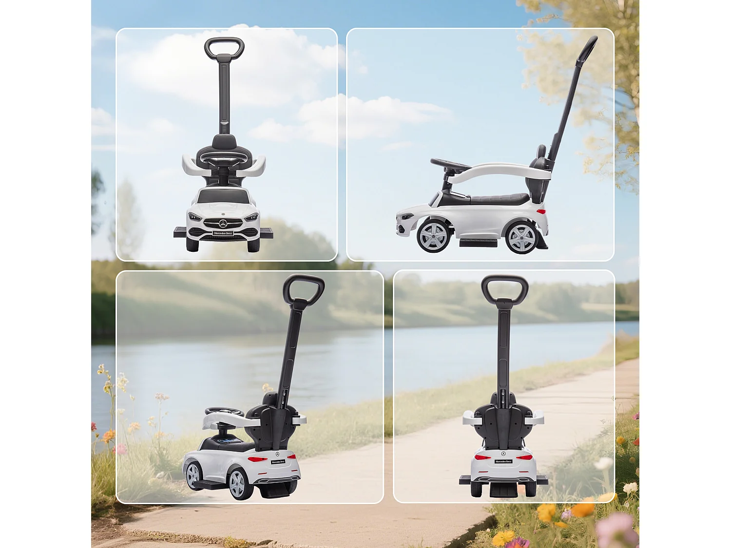 Macchina cavalcabile per bambini convertibile in passeggino bianco