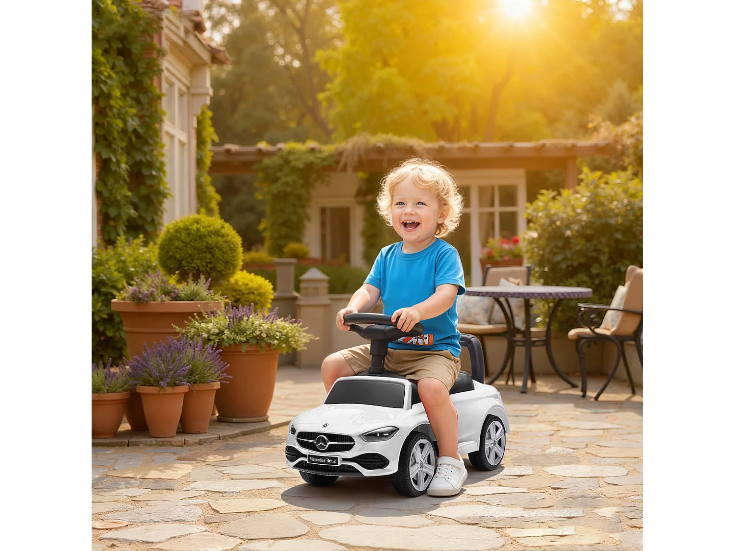 Macchina cavalcabile per bambini convertibile in passeggino bianco