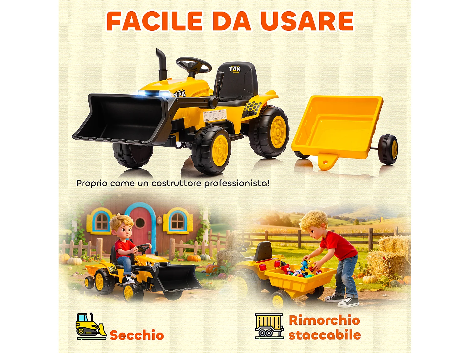 Escavatore per bambini elettrico 12v con benna e telecomando