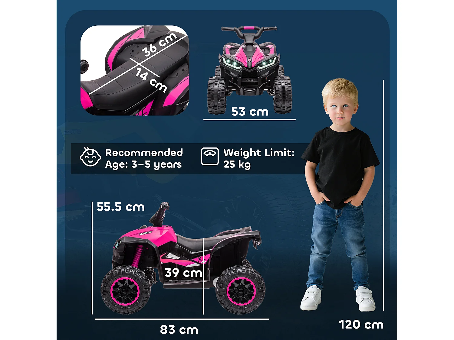 Quad per bambini 12v 2 velocità ruote con clacson rosa