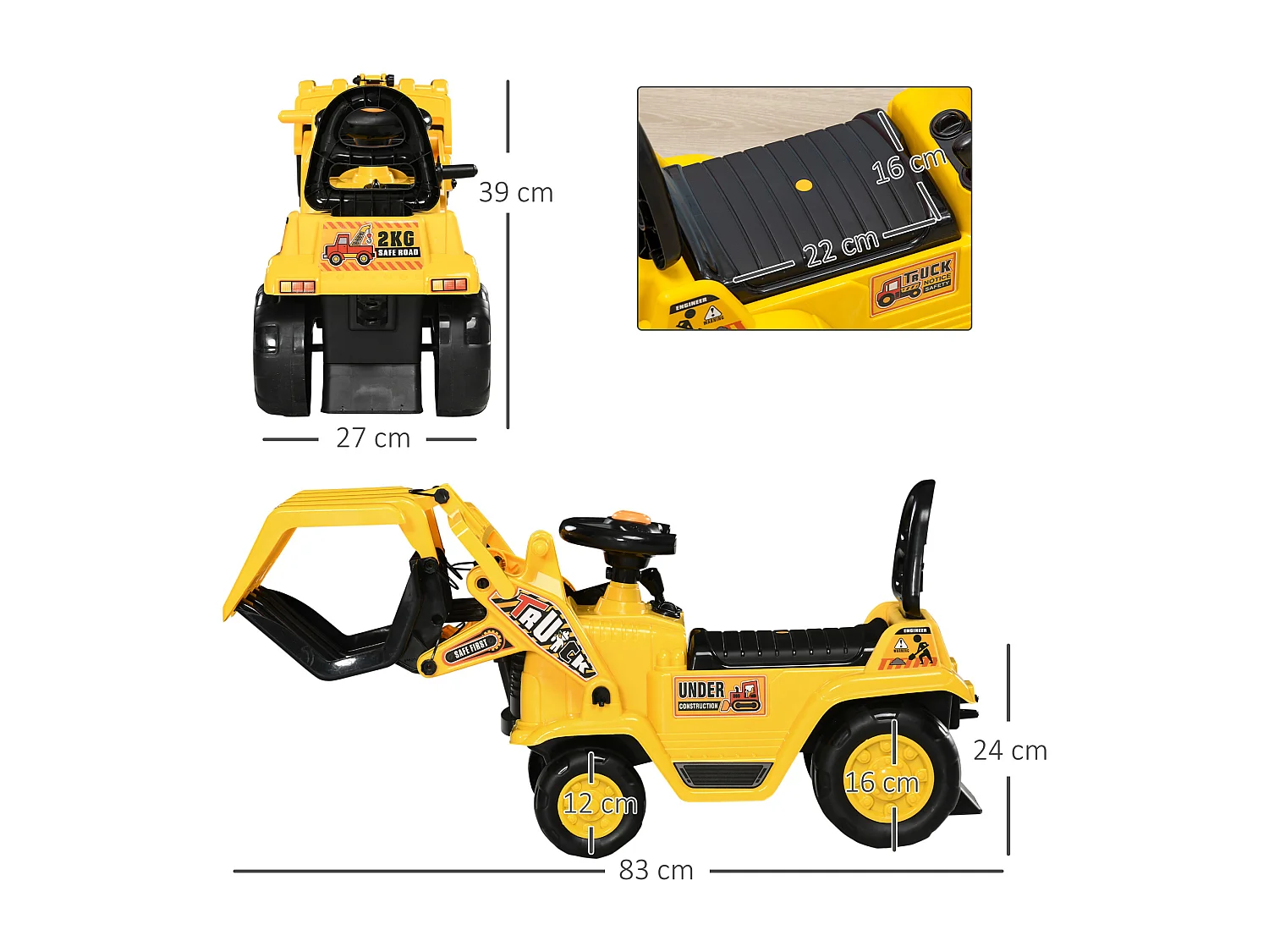 Escavatore a pedali bambini 2-4 anni con spazio portaoggetti