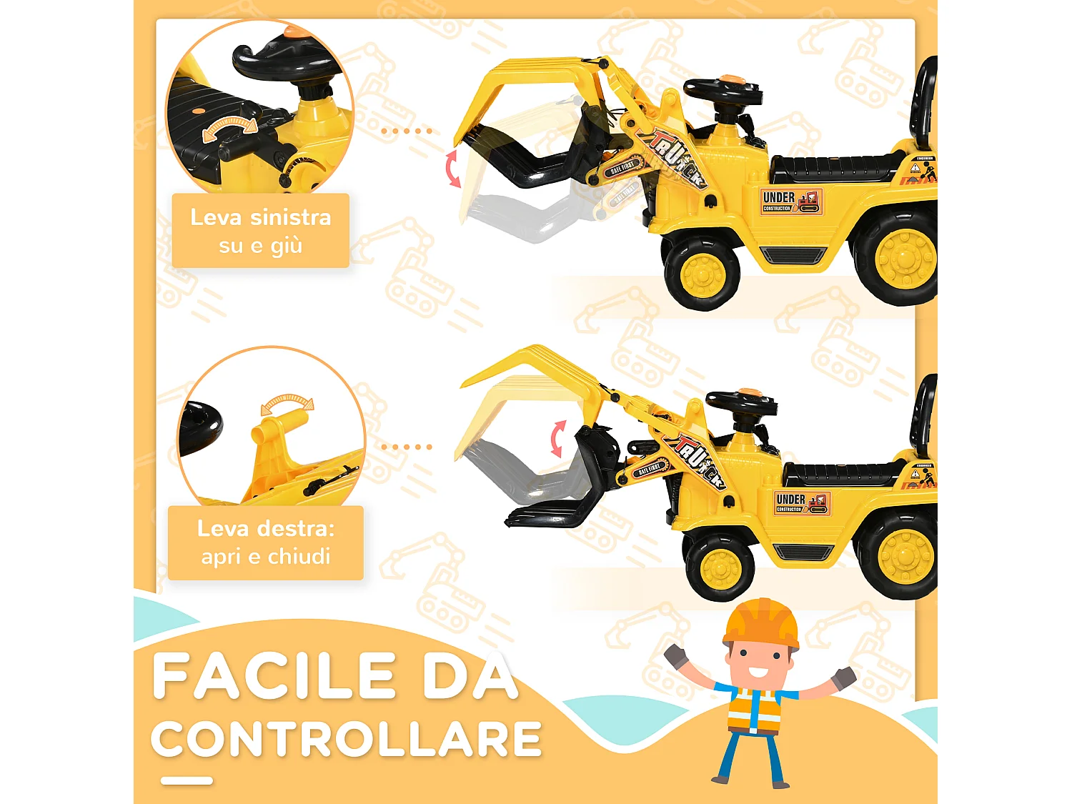 Escavatore a pedali bambini 2-4 anni con spazio portaoggetti