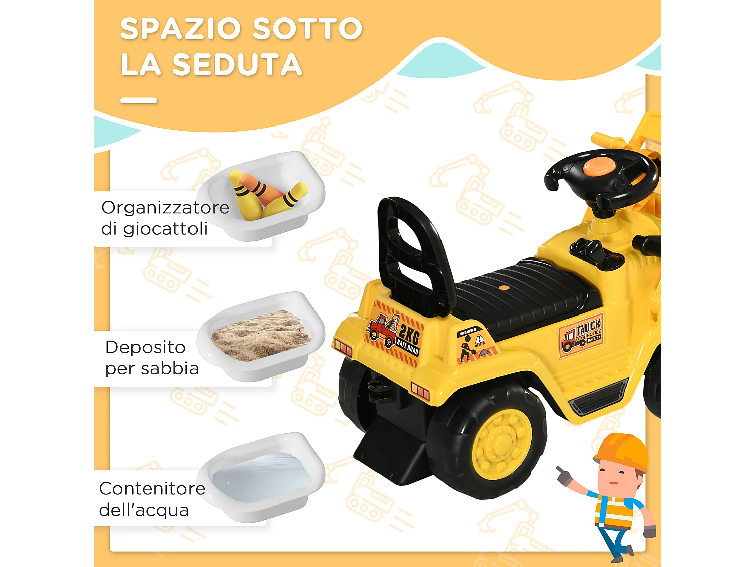 Escavatore a pedali bambini 2-4 anni con spazio portaoggetti