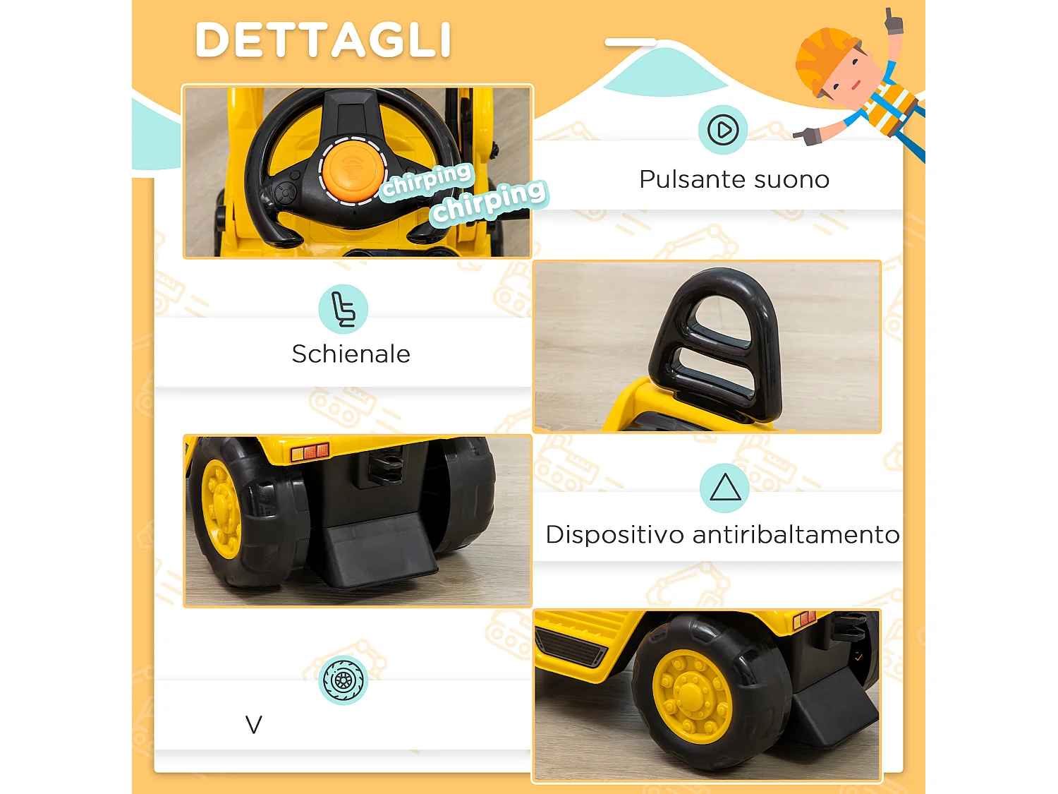 Escavatore a pedali bambini 2-4 anni con spazio portaoggetti