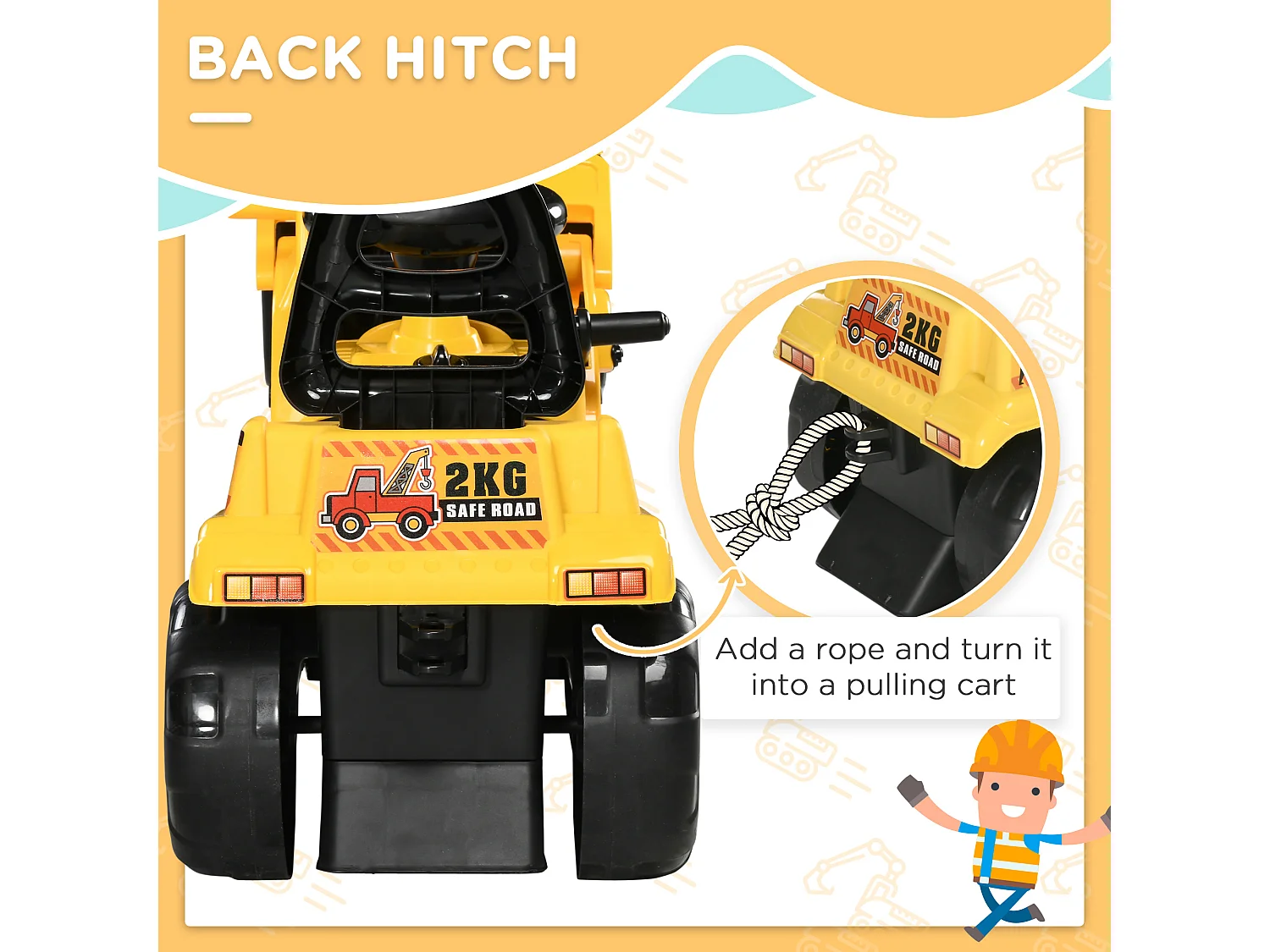 Escavatore a pedali bambini 2-4 anni con spazio portaoggetti