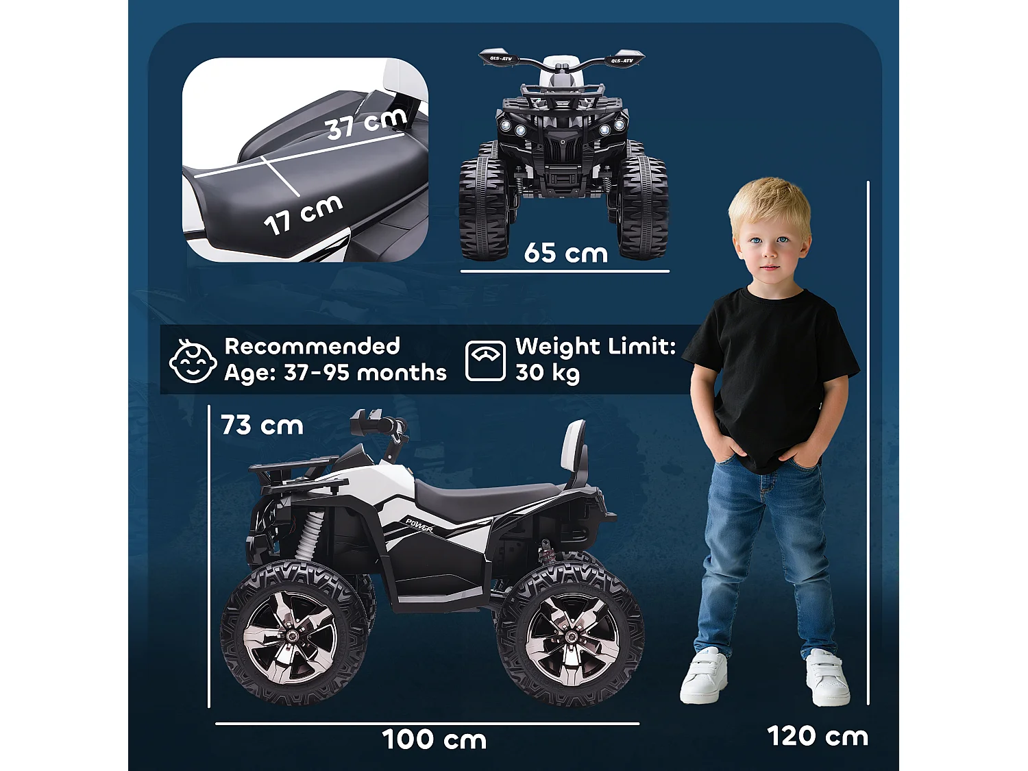 Quad elettrico per bambini 12v fari e attacco usb per musica bianco