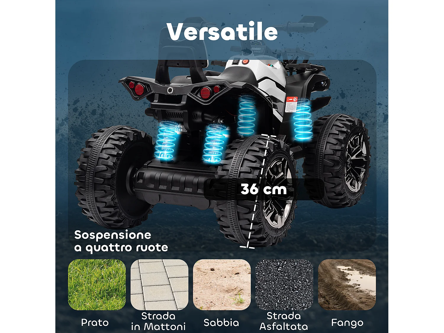 Quad elettrico per bambini 12v fari e attacco usb per musica bianco