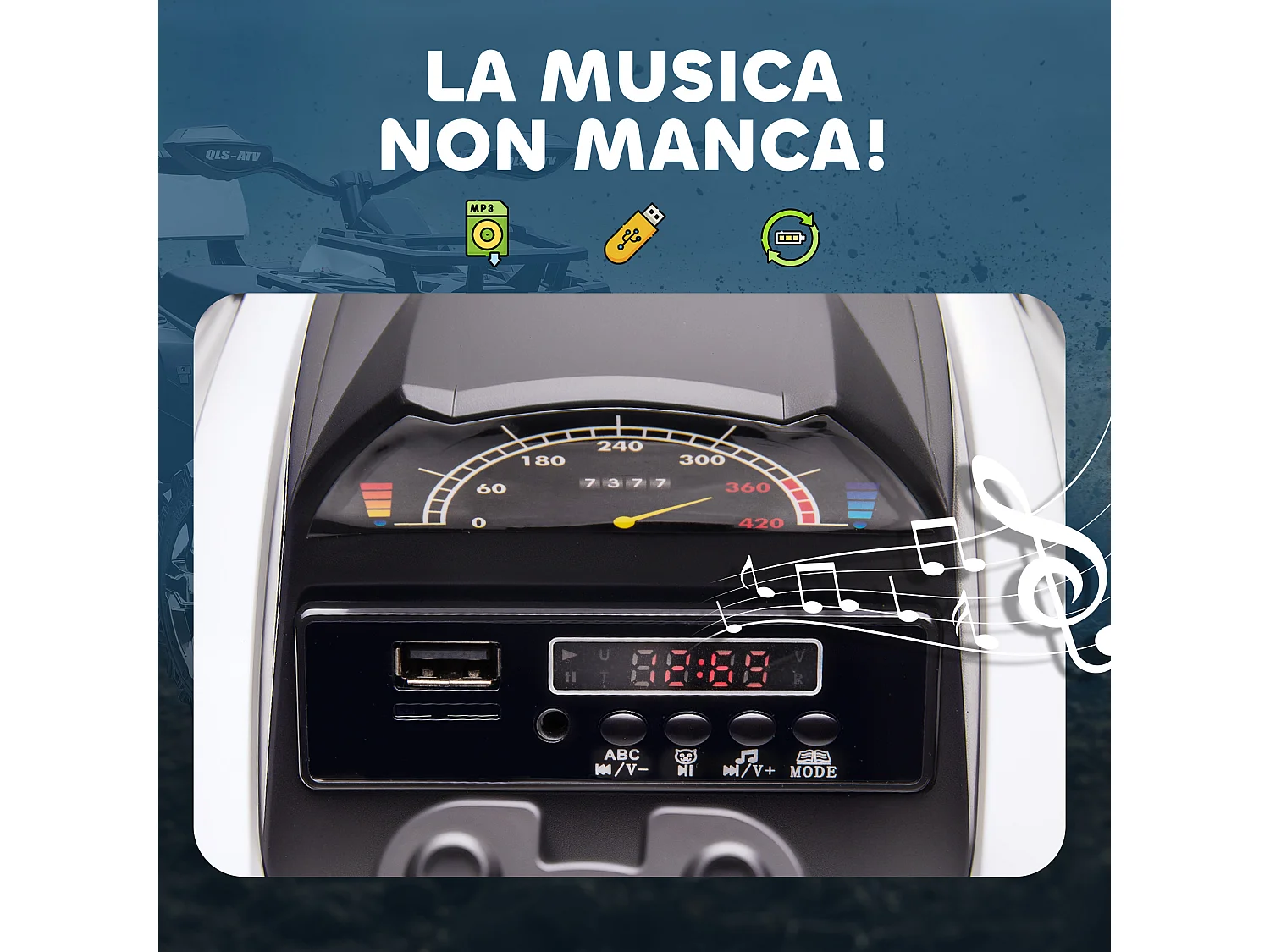 Quad elettrico per bambini 12v fari e attacco usb per musica bianco