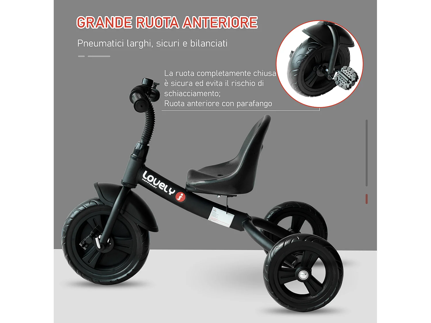 Triciclo per bambini con campanello e parafango nero