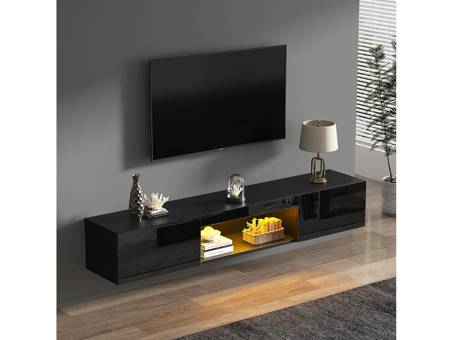 Hochglanzlackiertes, wandmontiertes TV-Möbel – 160 x 31 x 22 cm – mit LED-Beleuchtung und 2 Türen – für 70-Zoll-Fernseher – MDF + Spanplatte – schwarz