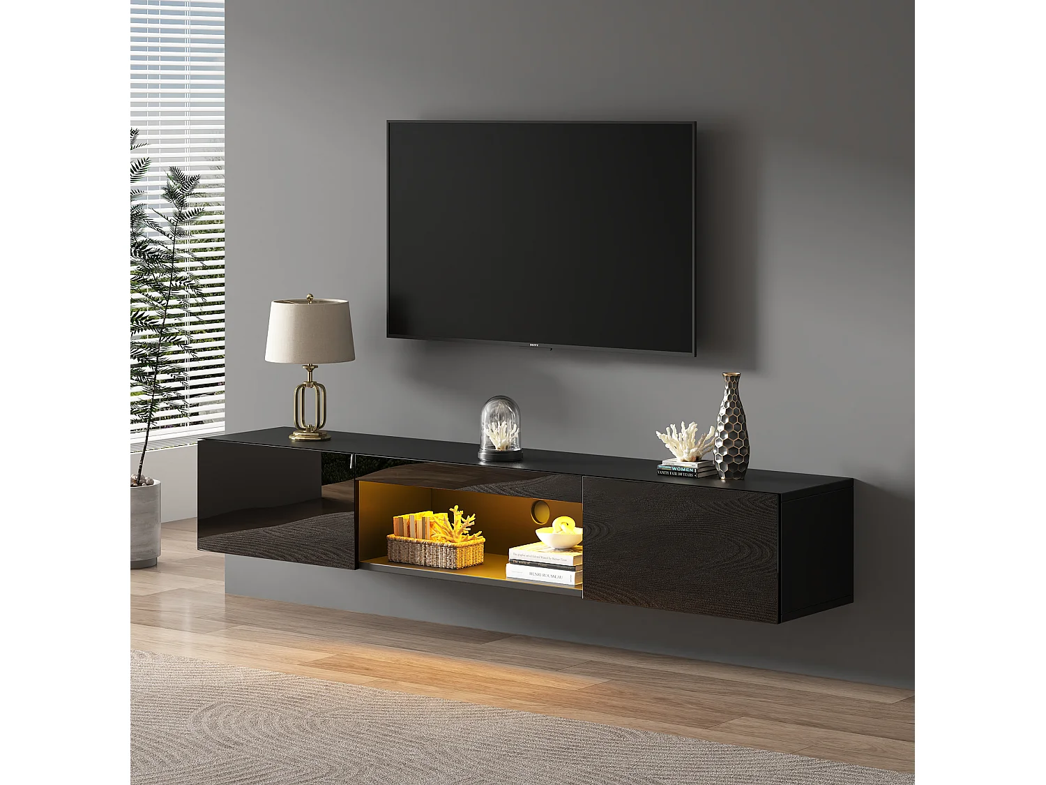 Hochglanzlackiertes, wandmontiertes TV-Möbel – 160 x 31 x 22 cm – mit LED-Beleuchtung und 2 Türen – für 70-Zoll-Fernseher – MDF + Spanplatte – schwarz