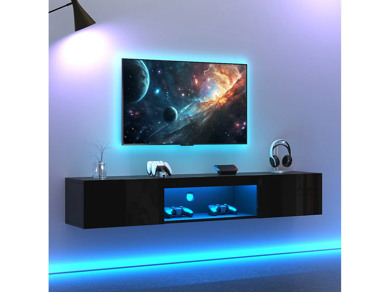 Hochglanzlackiertes, wandmontiertes TV-Möbel – 160 x 31 x 22 cm – mit LED-Beleuchtung und 2 Türen – für 70-Zoll-Fernseher – MDF + Spanplatte – schwarz