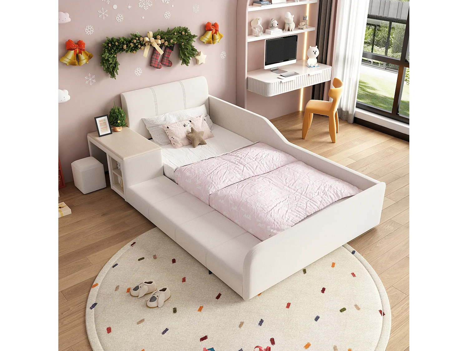 Gepolstertes Einzelbett für Kinder – 90 x 200 cm – mit Schreibtisch und Hocker + Ablage + gepolstertem Kopfteil – Samt – weiß