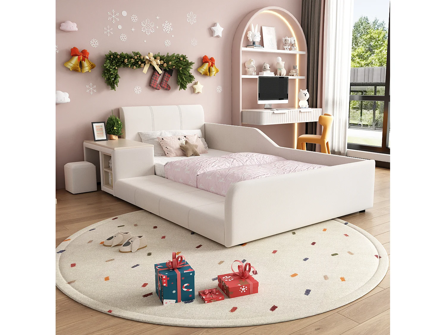 Gepolstertes Einzelbett für Kinder – 90 x 200 cm – mit Schreibtisch und Hocker + Ablage + gepolstertem Kopfteil – Samt – weiß