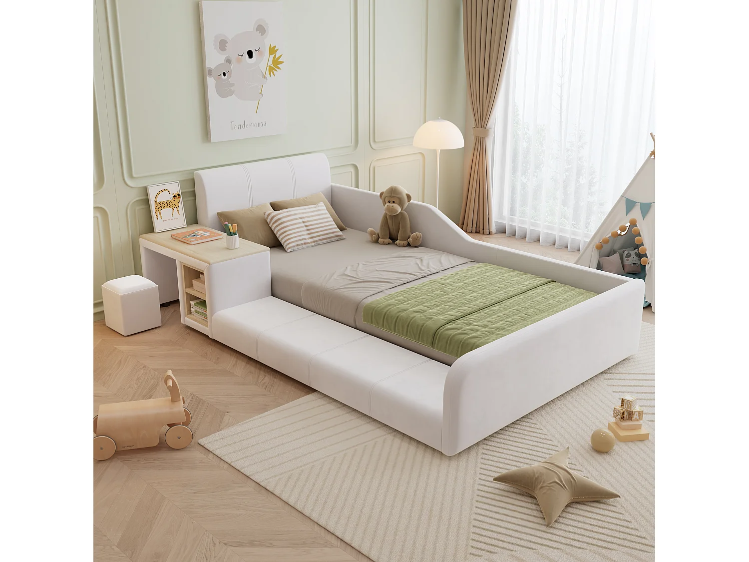 Gepolstertes Einzelbett für Kinder – 90 x 200 cm – mit Schreibtisch und Hocker + Ablage + gepolstertem Kopfteil – Samt – weiß