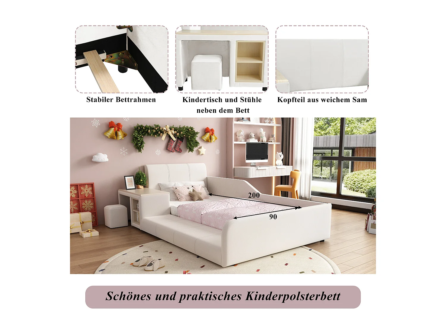 Gepolstertes Einzelbett für Kinder – 90 x 200 cm – mit Schreibtisch und Hocker + Ablage + gepolstertem Kopfteil – Samt – weiß