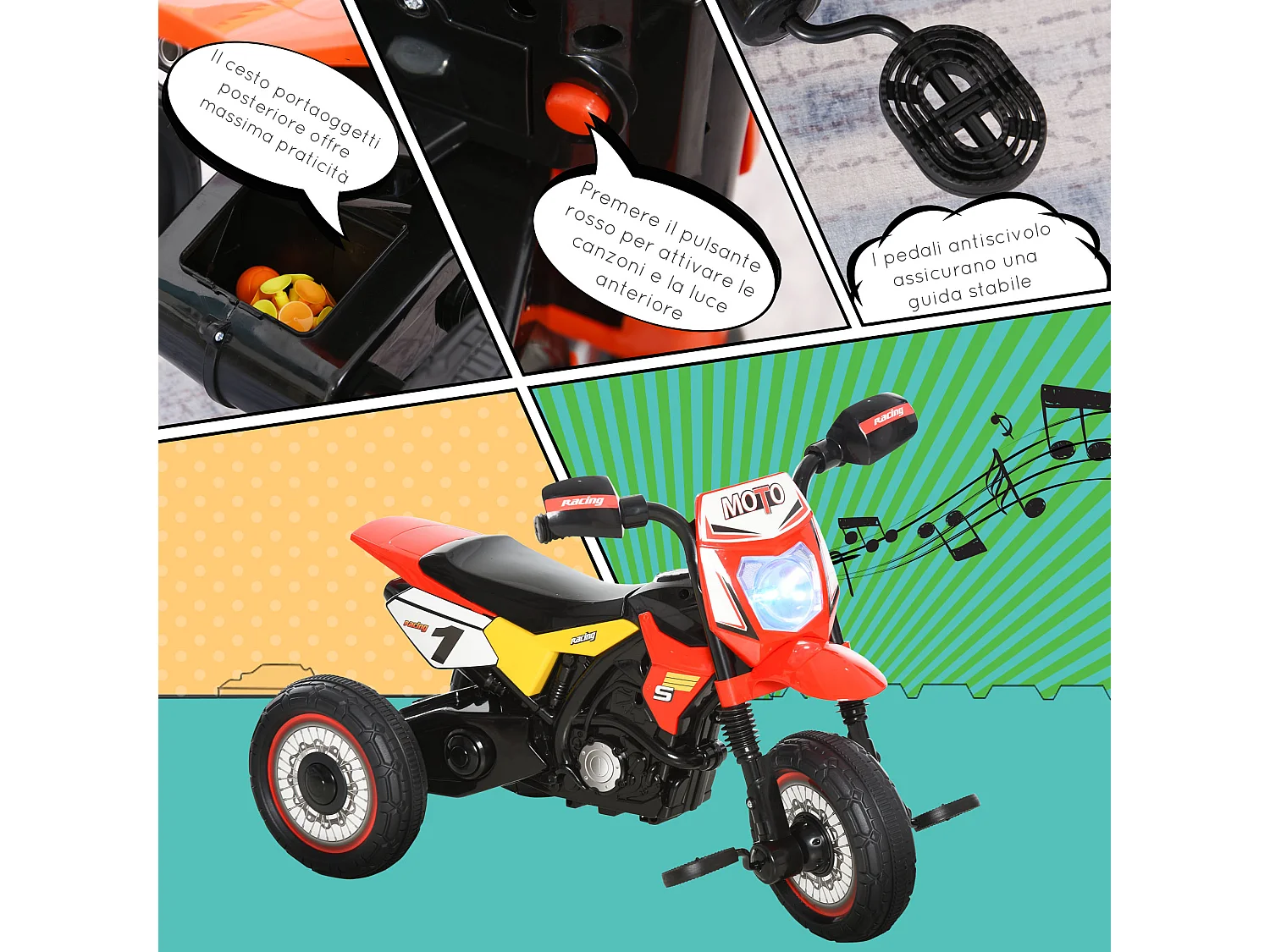 Triciclo stile moto per bambini a pedali luci suoni 71x40x51cm