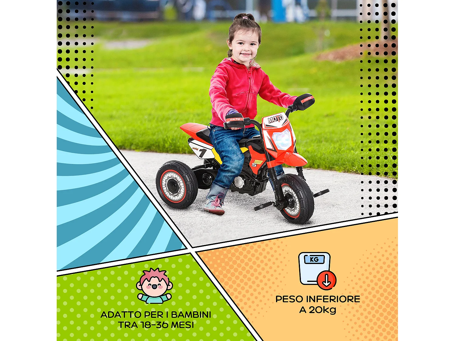 Triciclo stile moto per bambini a pedali luci suoni 71x40x51cm