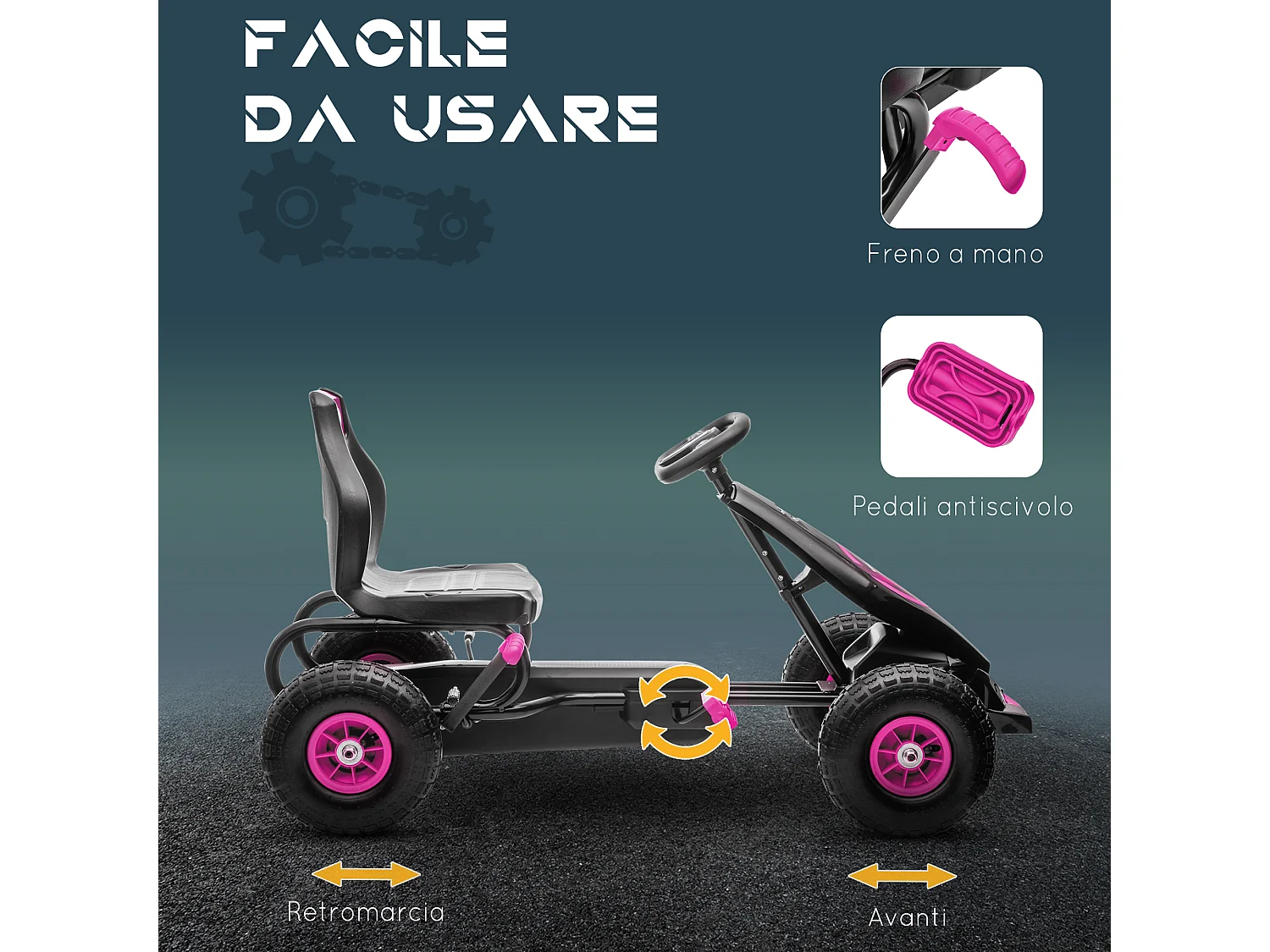 Go Kart a pedali per bambini con sedile regolabile rosa e nero