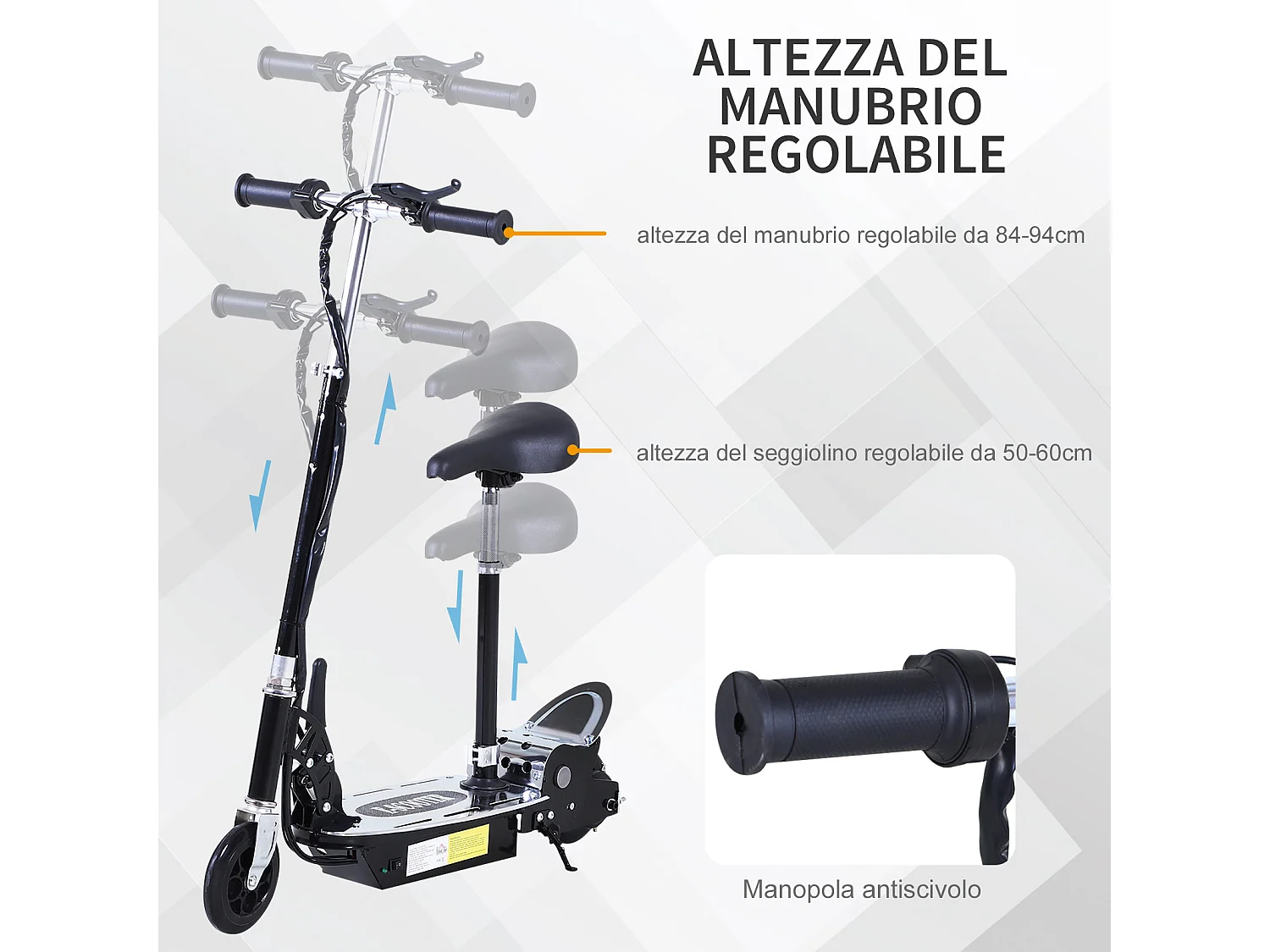 Monopattino elettrico 10km/h con sedile e manubrio regolabile nero