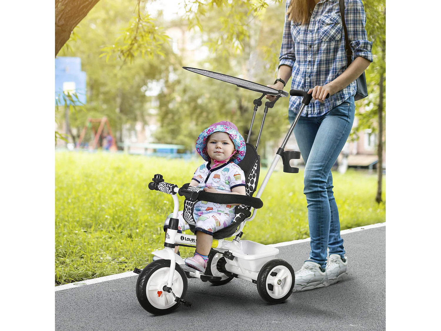 Triciclo per bambini con maniglione di spinta rimovibile bianco e nero