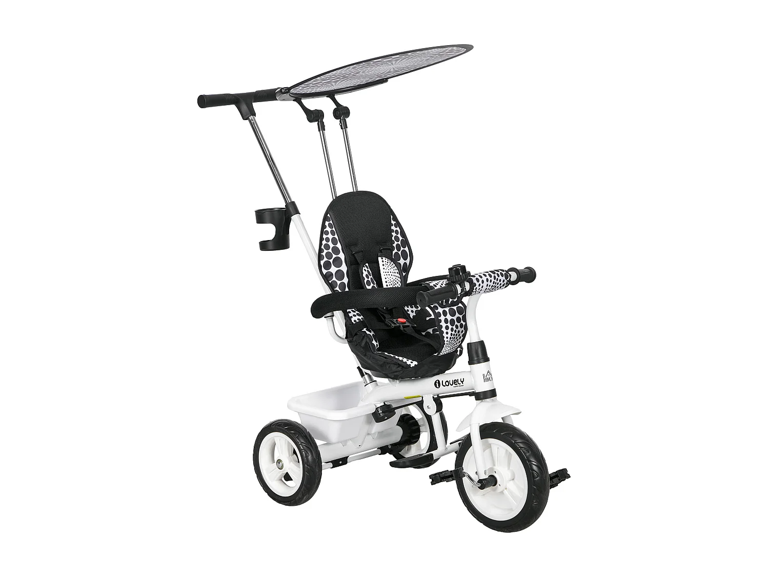 Triciclo per bambini con maniglione di spinta rimovibile bianco e nero