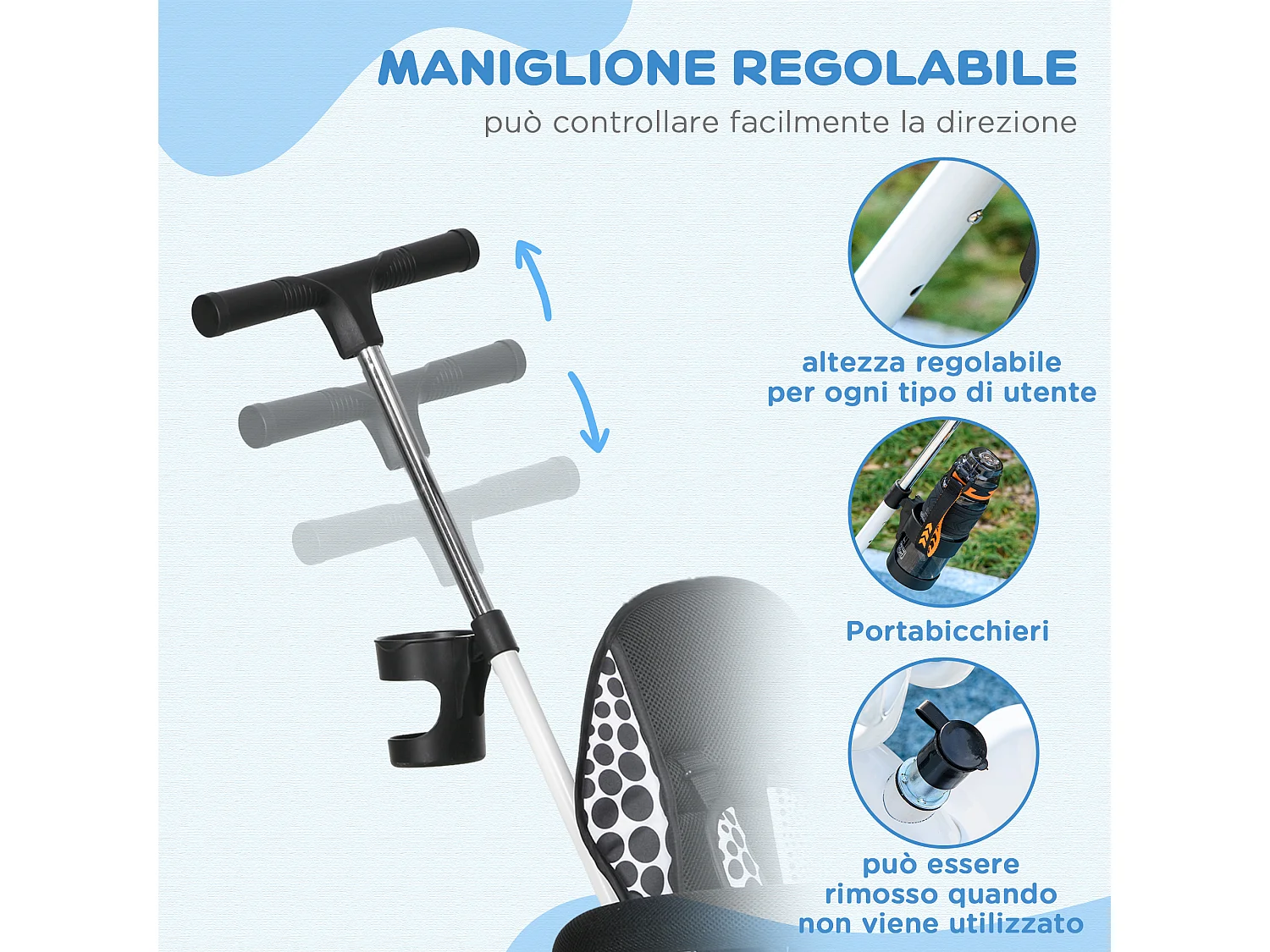 Triciclo per bambini con maniglione di spinta rimovibile bianco e nero