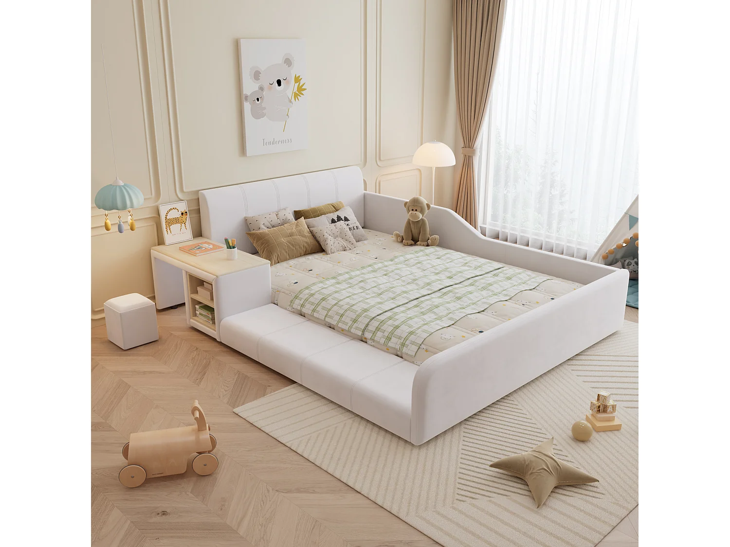 Lit capitonné pour enfant - 140 x 200 cm - avec bureau et tabouret + étagère + tête de lit rembourrée - velours - blanc