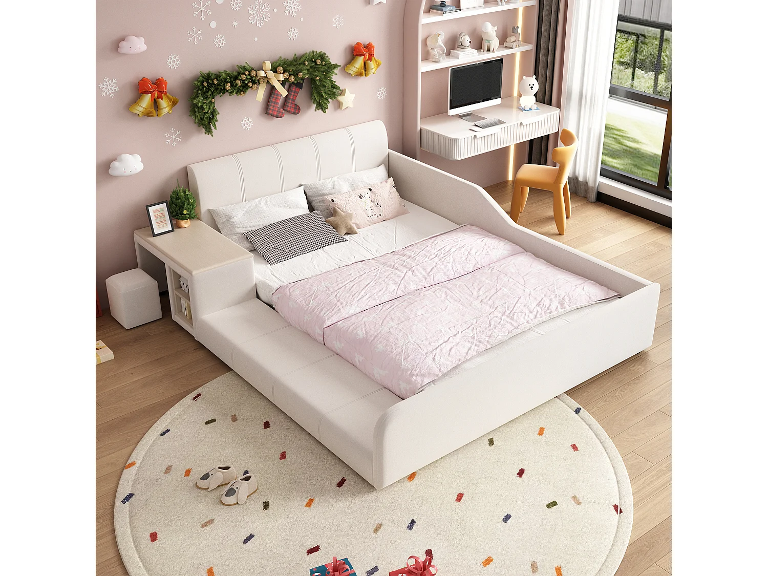 Lit capitonné pour enfant - 140 x 200 cm - avec bureau et tabouret + étagère + tête de lit rembourrée - velours - blanc