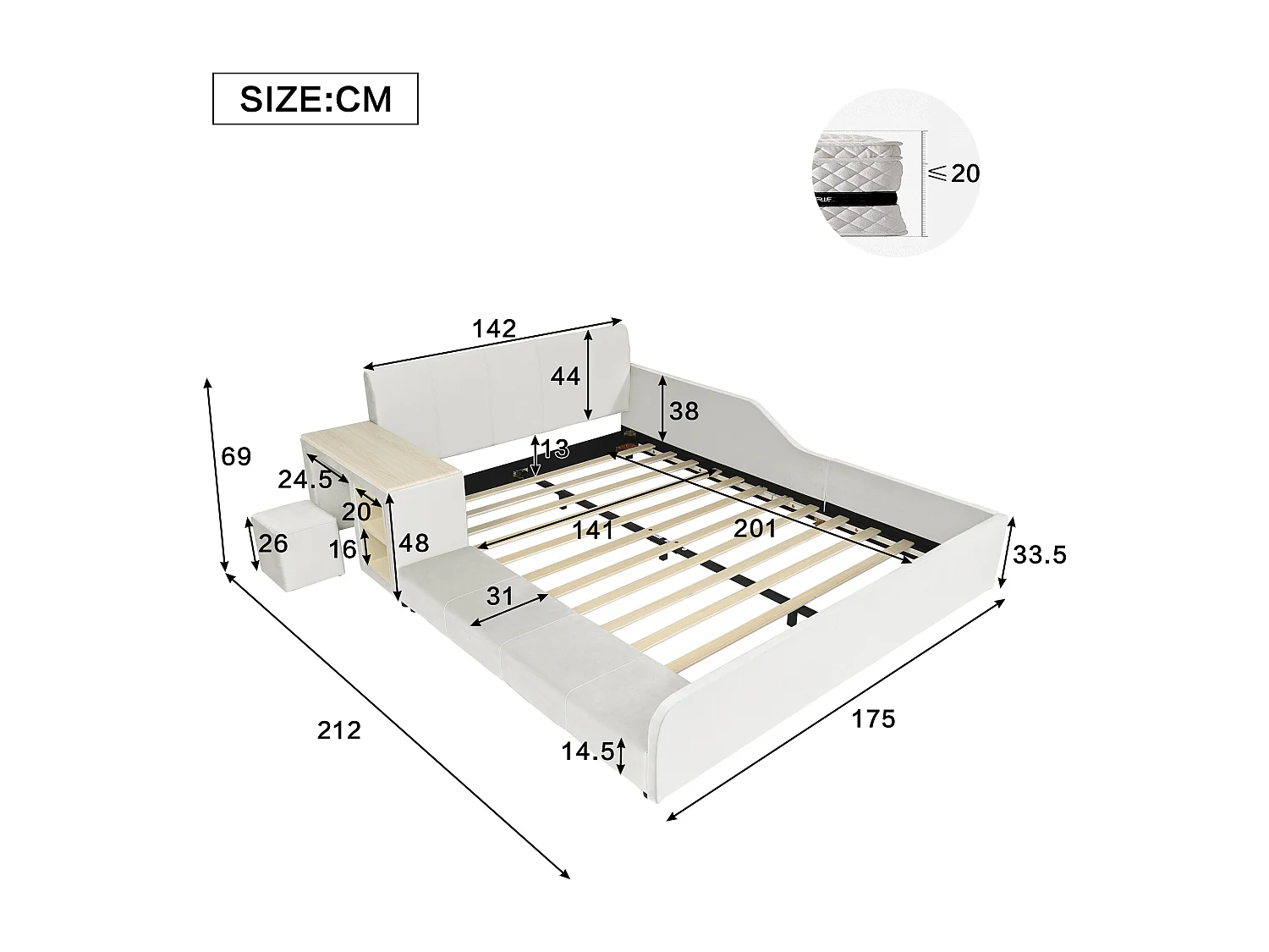 Lit capitonné pour enfant - 140 x 200 cm - avec bureau et tabouret + étagère + tête de lit rembourrée - velours - blanc