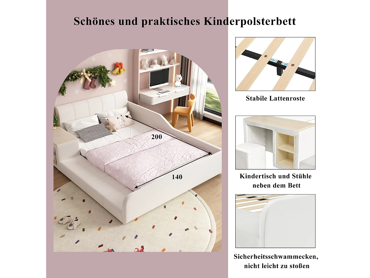 Lit capitonné pour enfant - 140 x 200 cm - avec bureau et tabouret + étagère + tête de lit rembourrée - velours - blanc