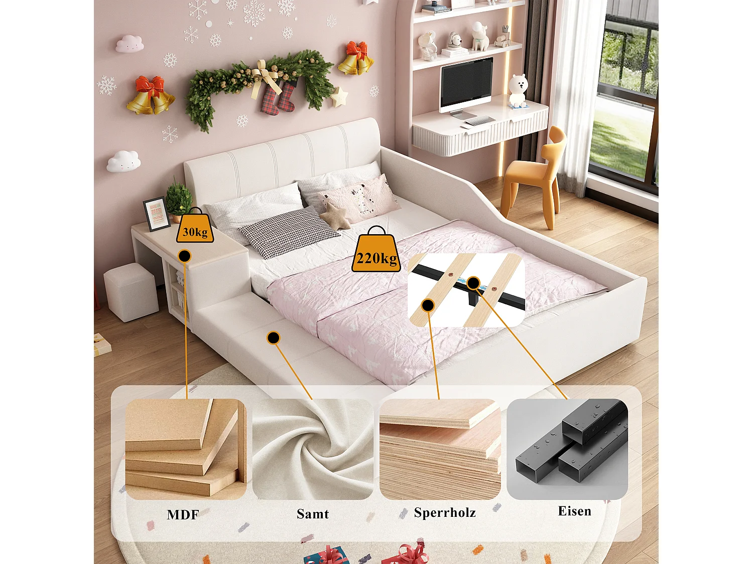 Lit capitonné pour enfant - 140 x 200 cm - avec bureau et tabouret + étagère + tête de lit rembourrée - velours - blanc