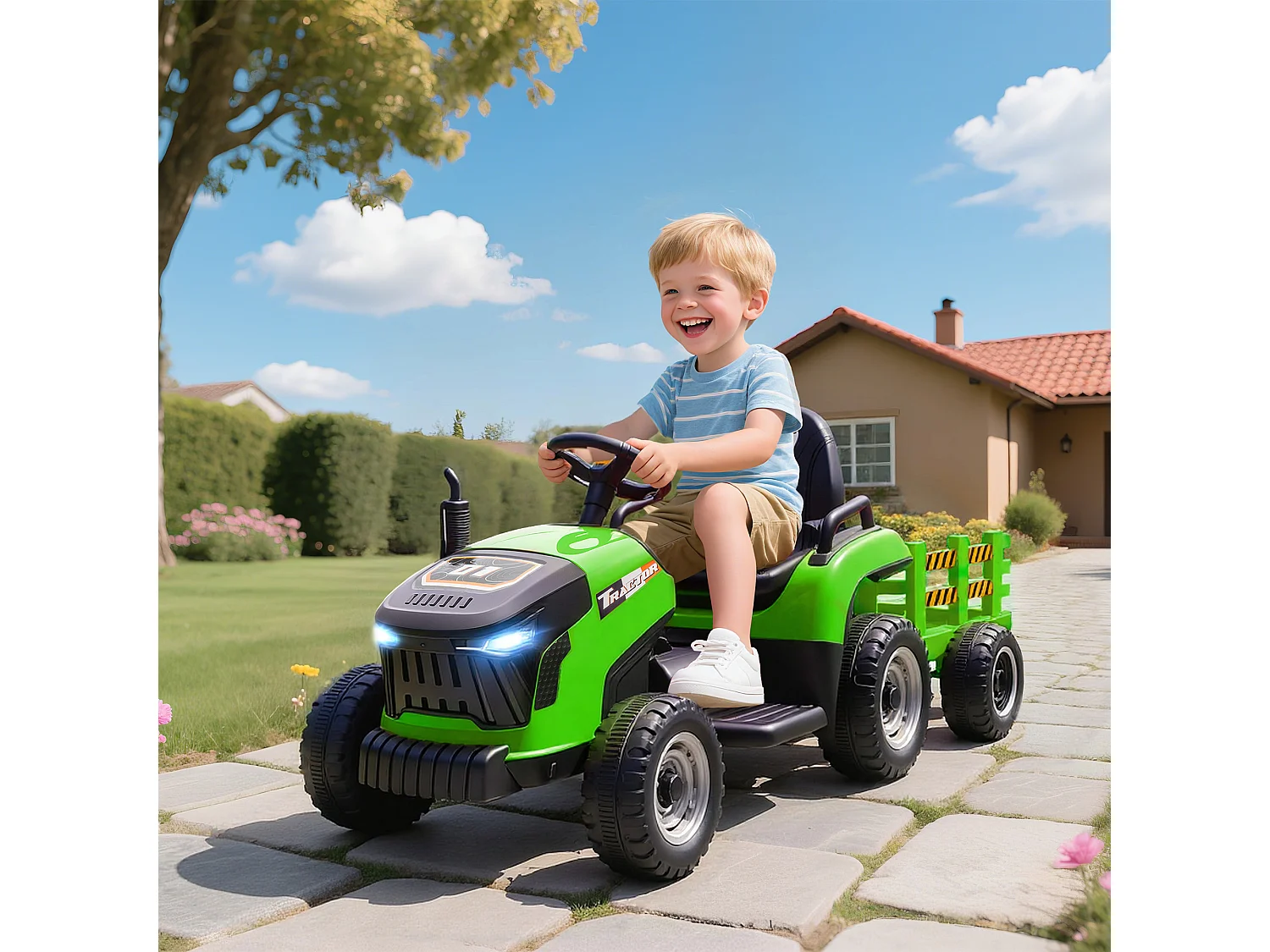 Trattore elettrico per bambini con rimorchio staccabile verde