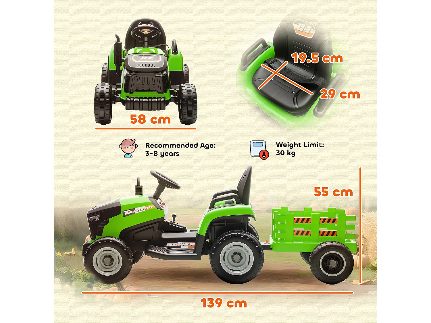 Trattore elettrico per bambini con rimorchio staccabile verde