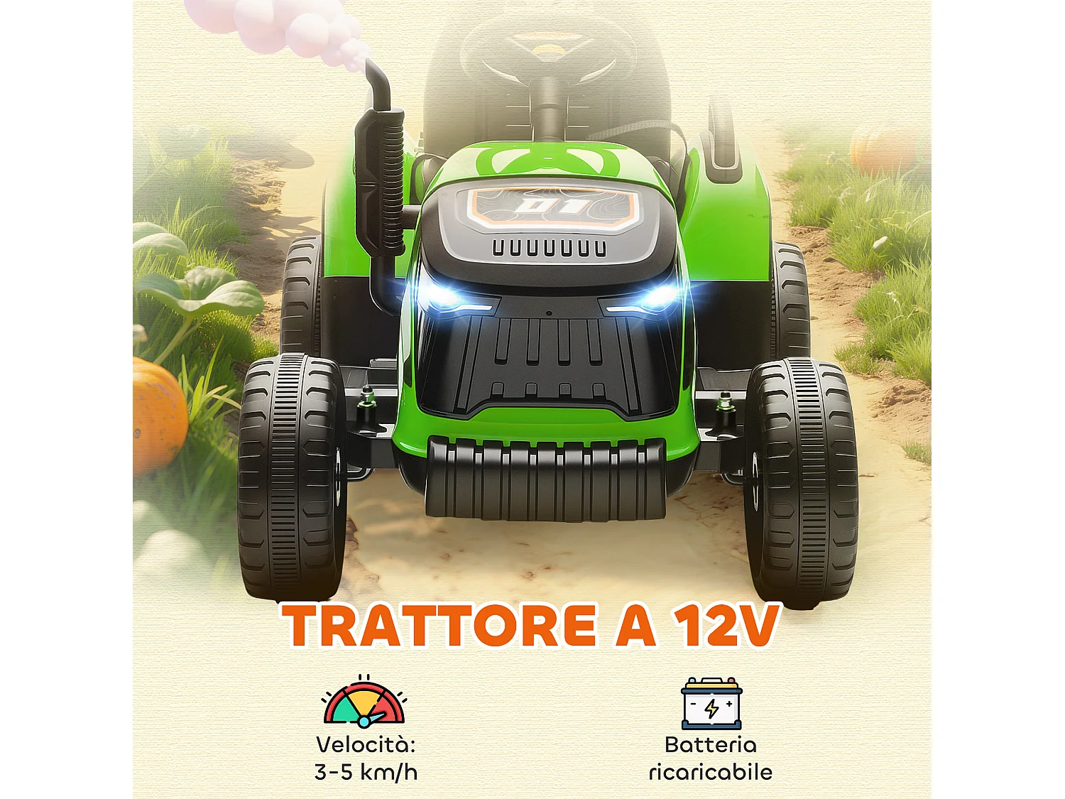 Trattore elettrico per bambini con rimorchio staccabile verde