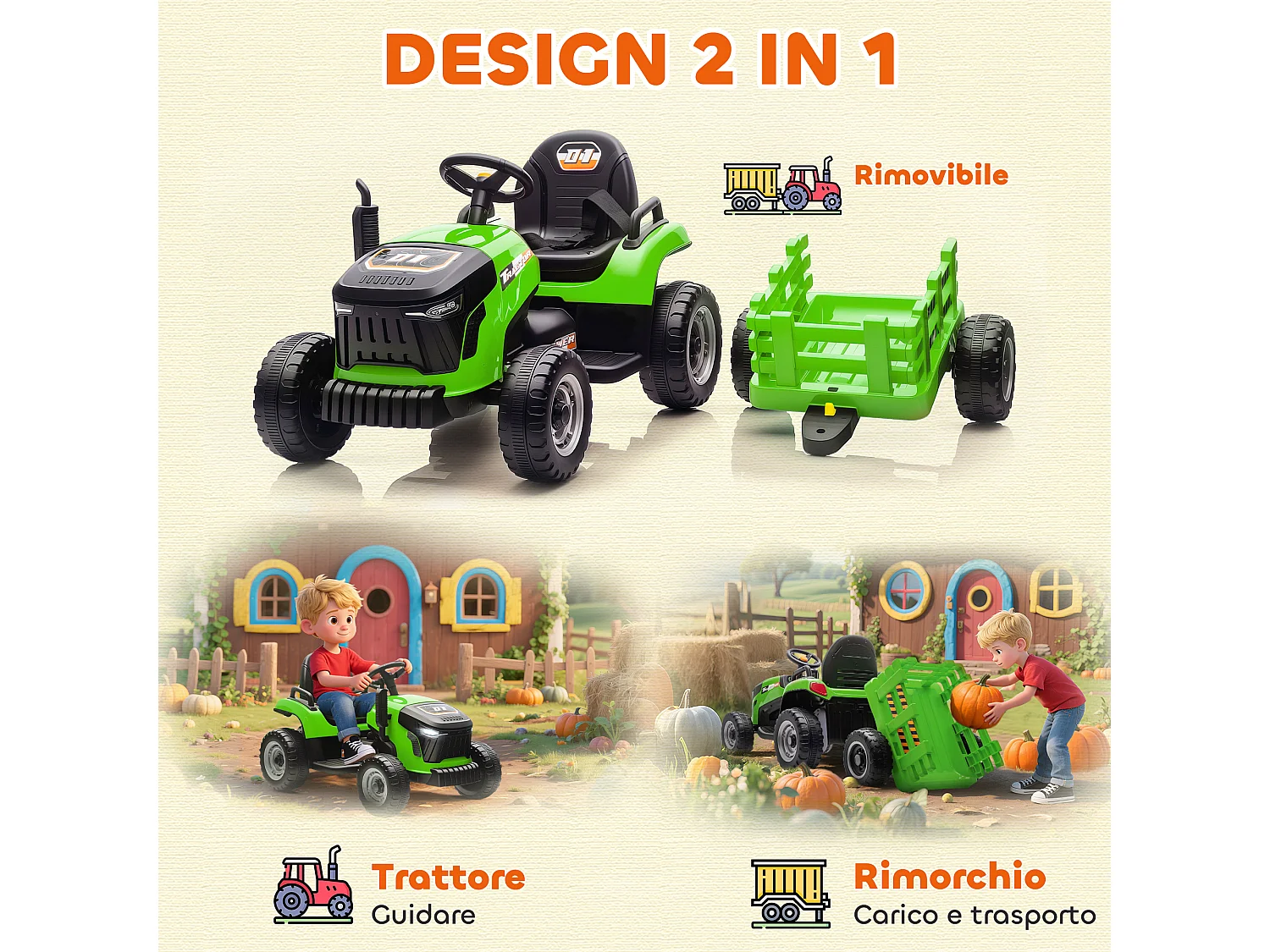 Trattore elettrico per bambini con rimorchio staccabile verde