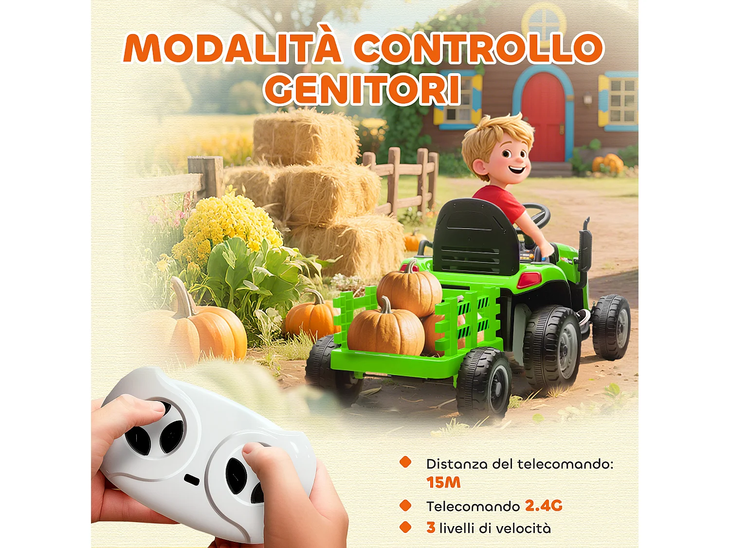 Trattore elettrico per bambini con rimorchio staccabile verde