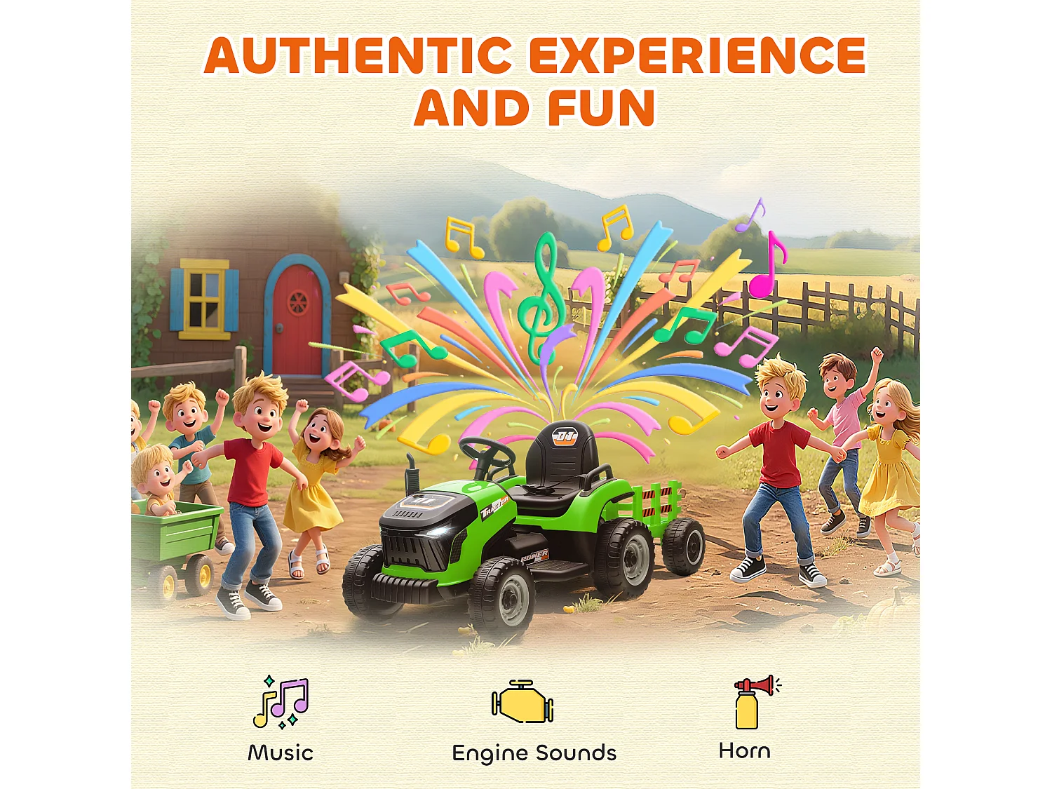 Trattore elettrico per bambini con rimorchio staccabile verde