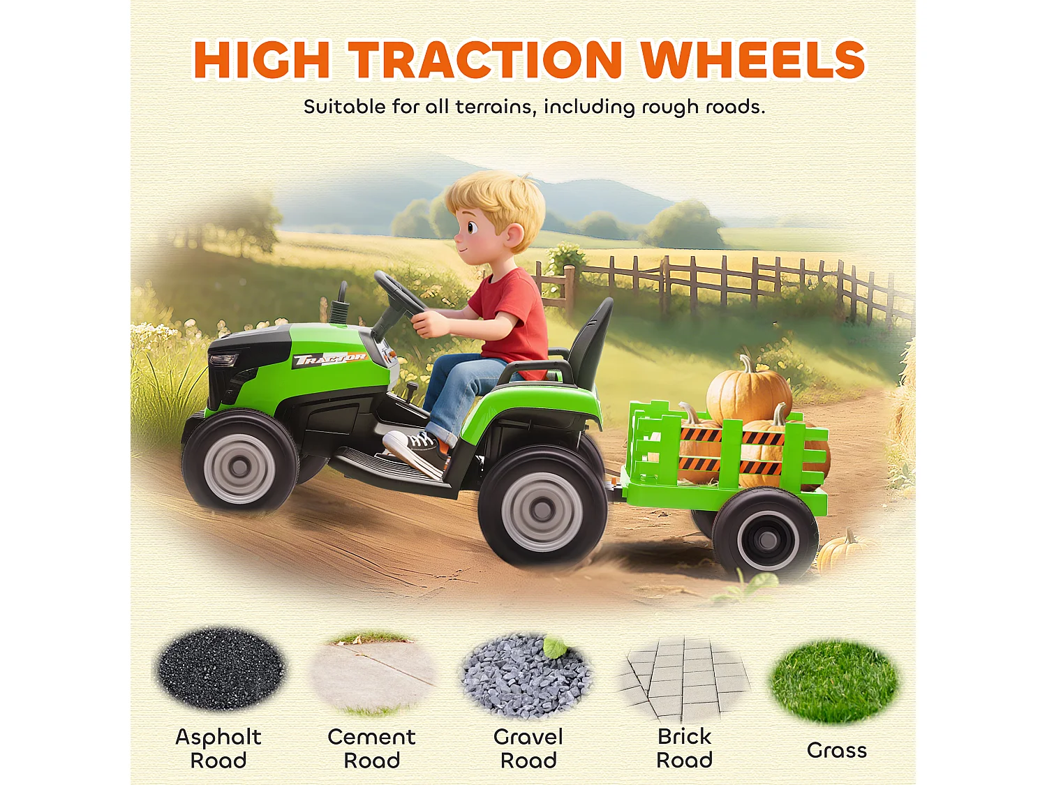 Trattore elettrico per bambini con rimorchio staccabile verde