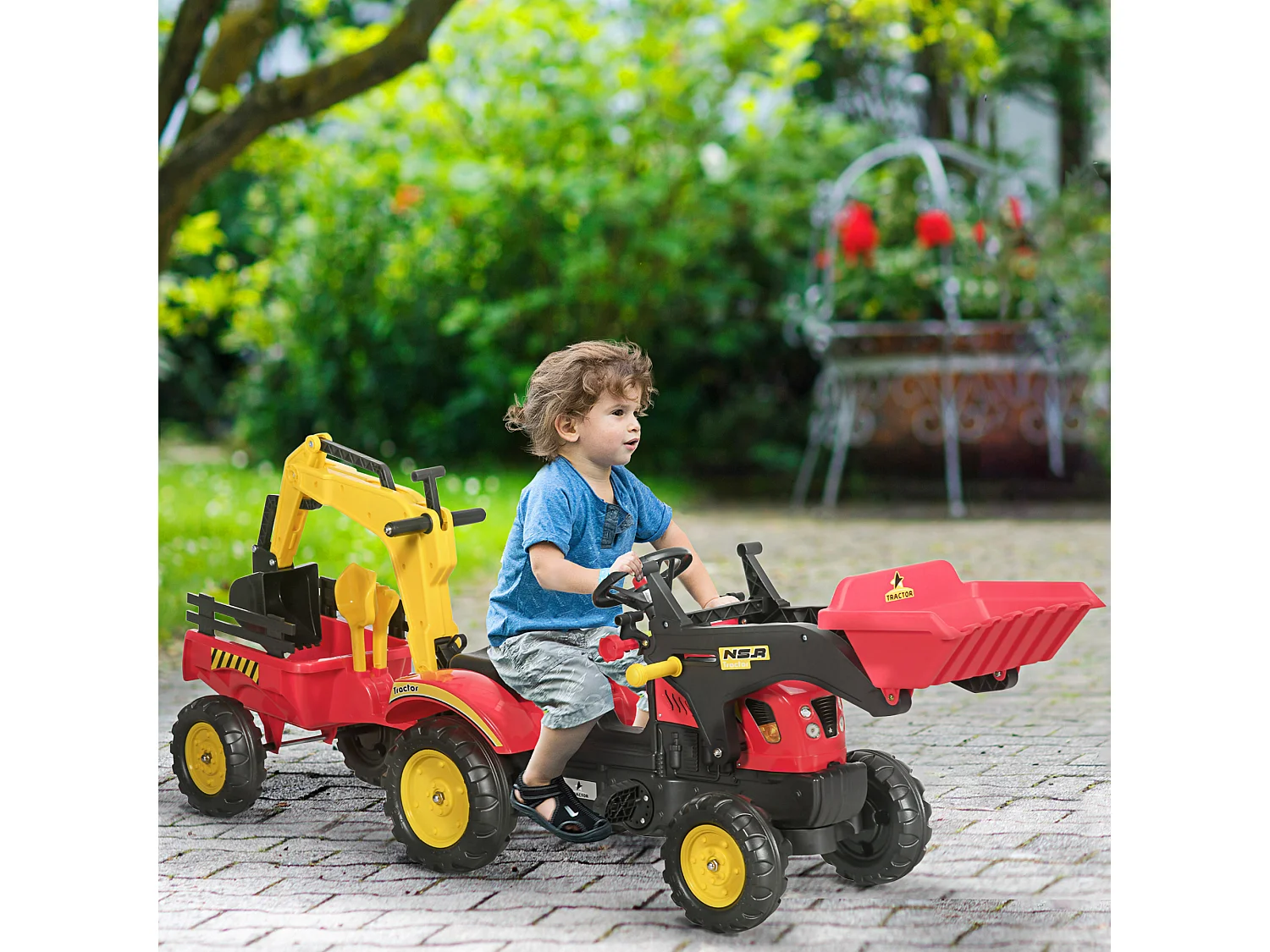 Ruspa giocattolo a pedali con pale e volante multicolore