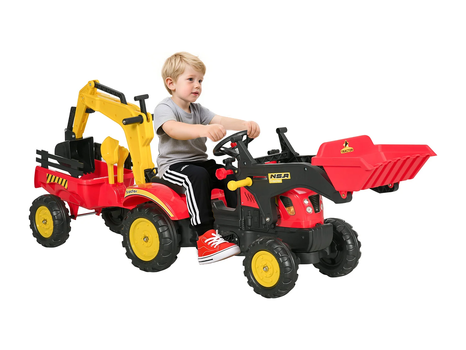 Ruspa giocattolo a pedali con pale e volante multicolore