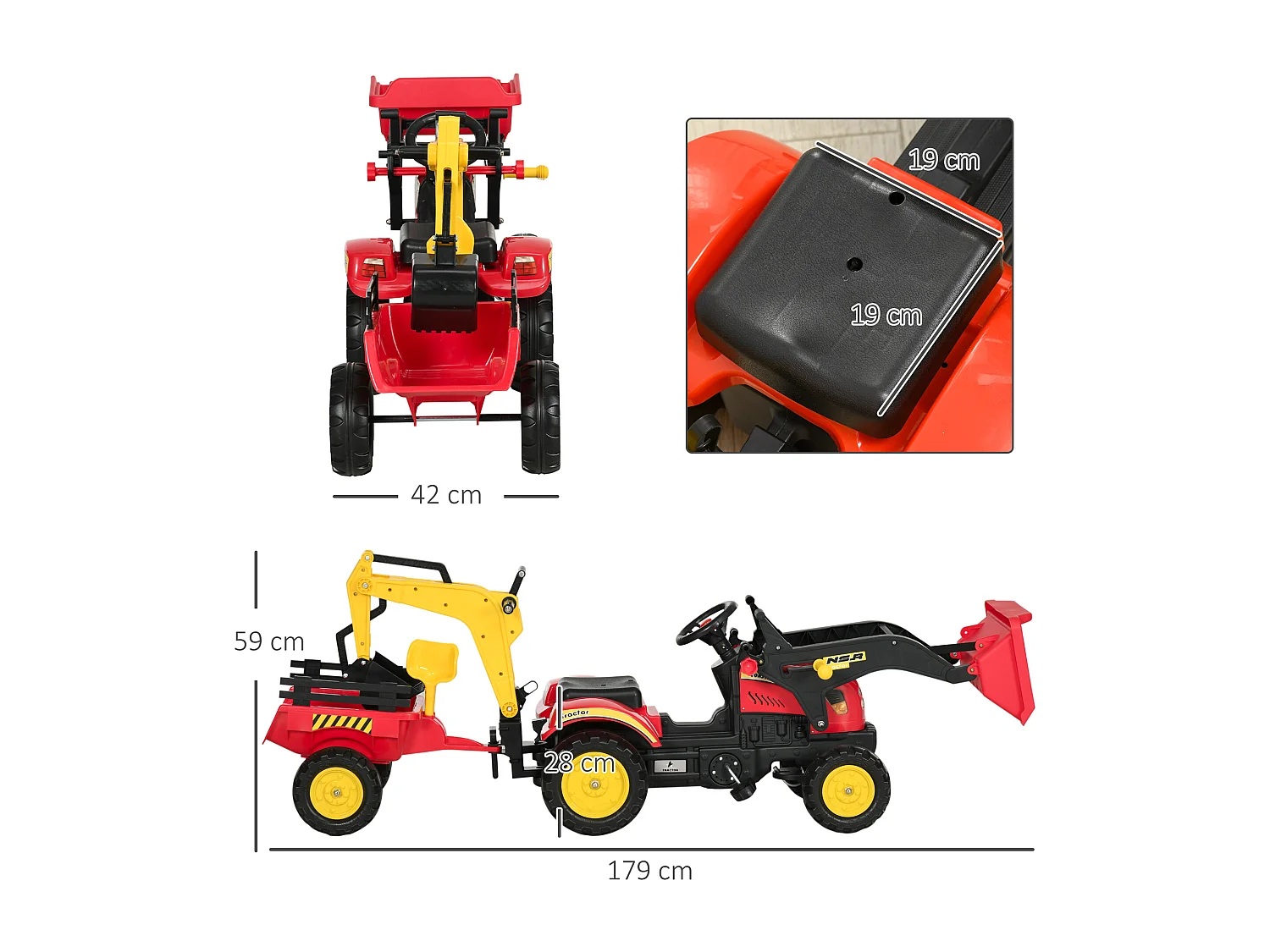 Ruspa giocattolo a pedali con pale e volante multicolore
