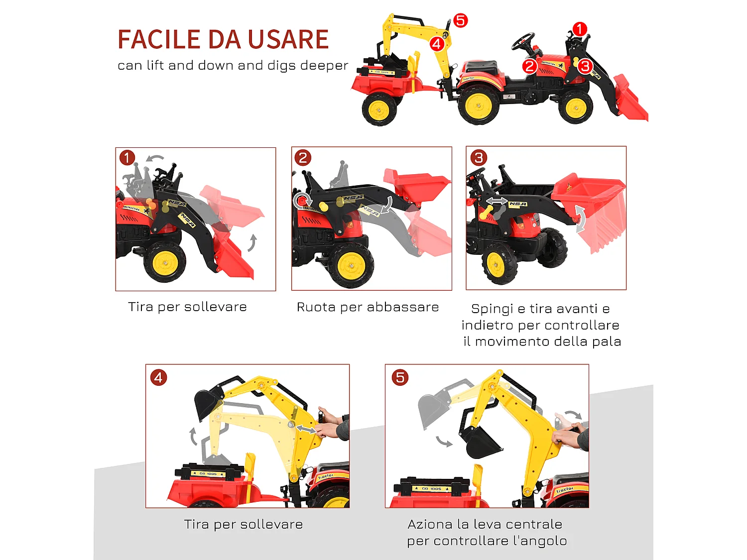 Ruspa giocattolo a pedali con pale e volante multicolore